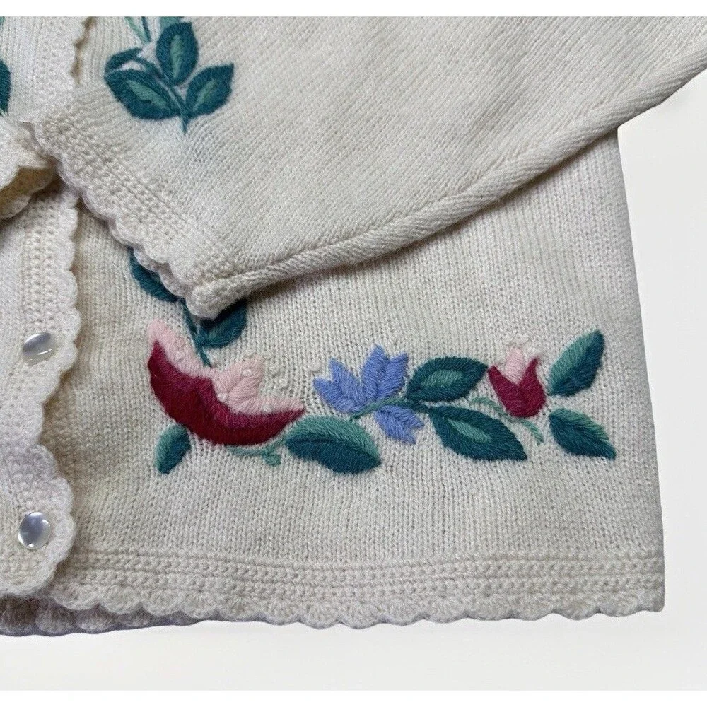Orvis Embroidered Wool Cardigan Sz L Cream Vintage Cottagecore Statement Flower